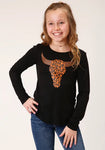Roper Girl's L/S Leopard Steer Head Black Shirt