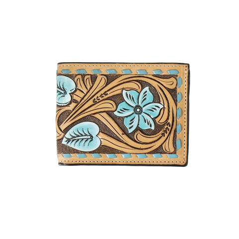 3D Men's Floral Turquoise Lacing Brown Bifold Wallet