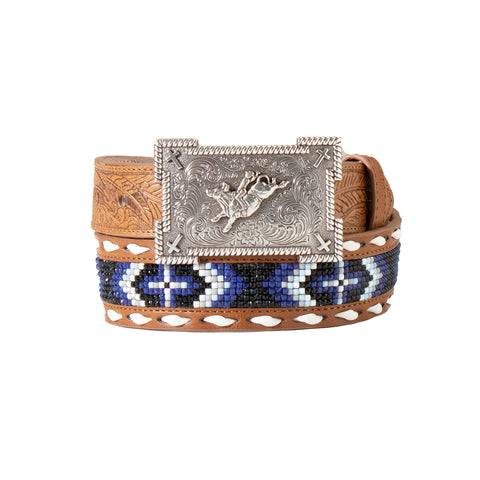 3D Youth Feather Embossed Beaded Inlay Blue Belt