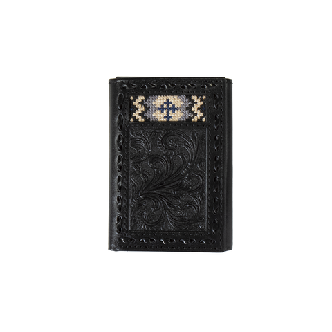3D Men's Floral Cross Black Trifold Wallet