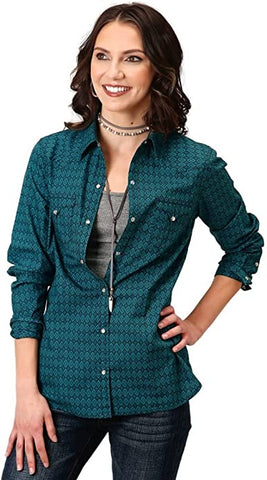 Roper Women's L/S Diamond Print Green Shirt 03-050-0064-1011 GR