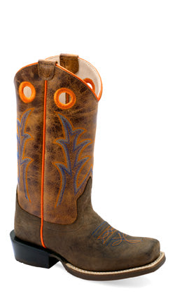 Old West Youth Boy's Dark Brown/Orange Leather Boots