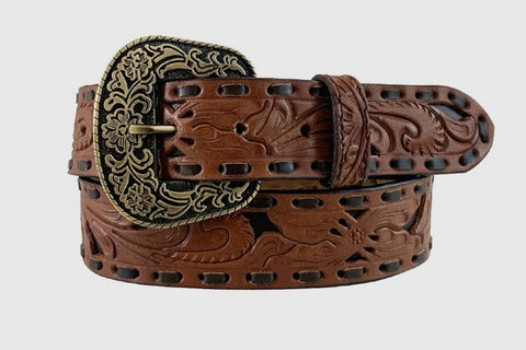 Cowgirl Ladies Floral Emb Tan Belt