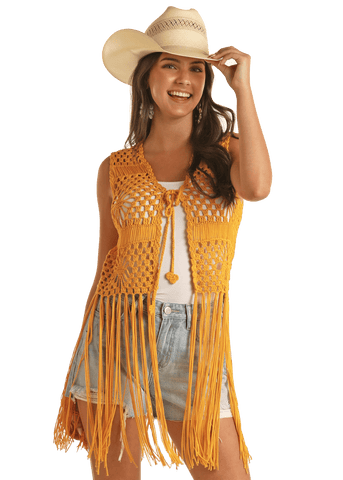 Rock&Roll Women's Crochet Fringe Gold Vest