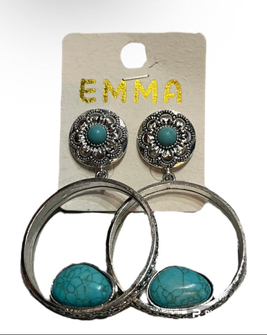 Emma Jewelry Wms Squash Blossom Hoop Turquoise/Silver Earrings 93146