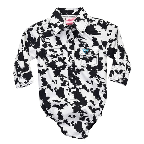 Cowgirl Hardware Infant All Over Cowprint L/S Black Romper