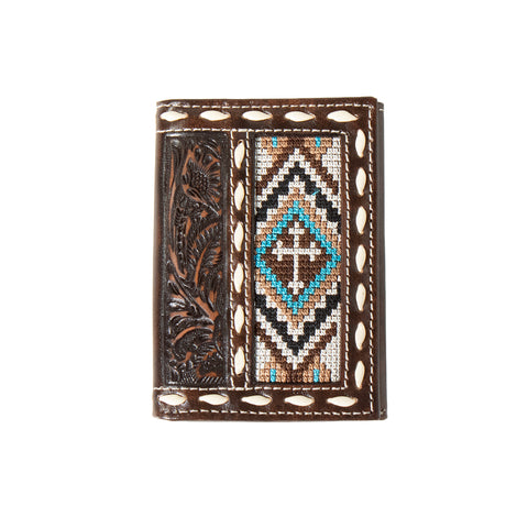 Nocona Men's Floral Embossed Cross Embroidered Brown Trifold Wallet