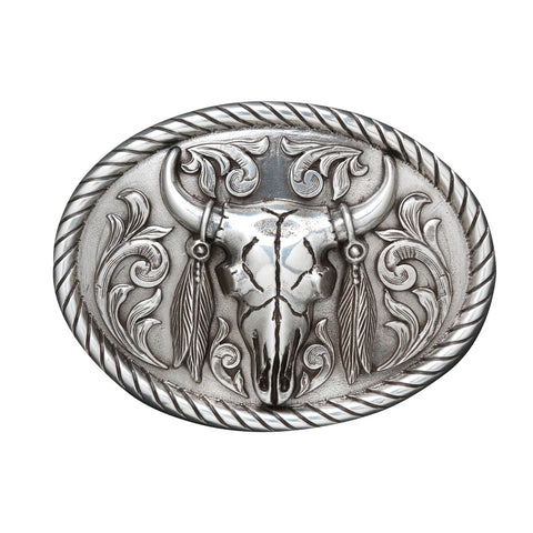 Nocona Skull with Feathers Antique Silver Buckle