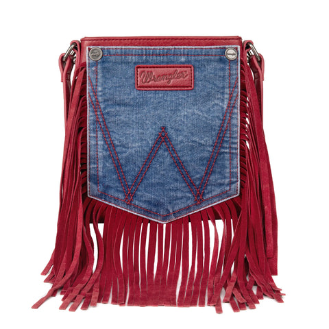Wrangler Denim Pocket Leather Fringe Crossbody Red Bag
