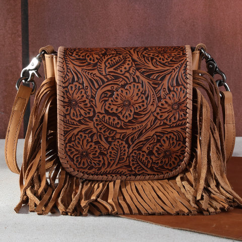 Montana West Genuine Leather Tooled Fringe Crossbody Oak  Bag