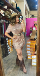 VINE&LOVE Round Neck Puff Shoulder Sequin Rose Gold Dress
