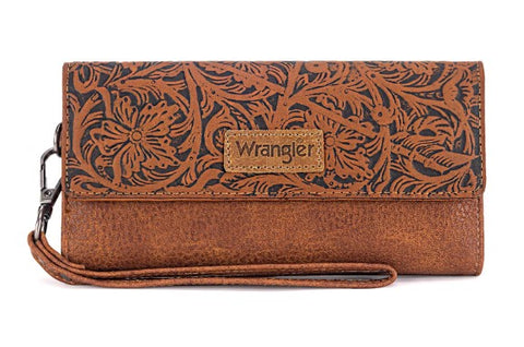 Wrangler Western Floral Tooled Tri-Fold Brown Wallet/Wristlet