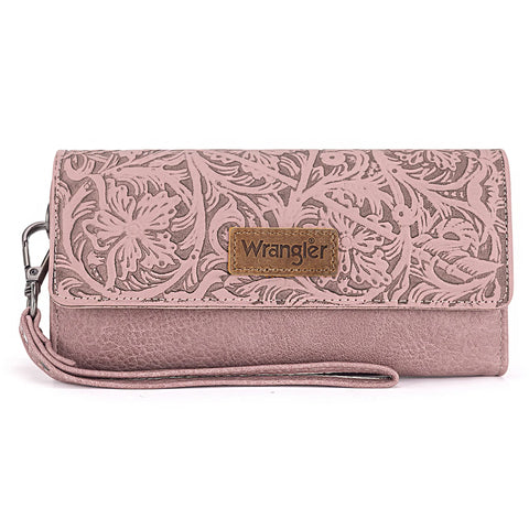 Wrangler Western Floral Tooled Tri-Fold Pink Wallet/Wristlet