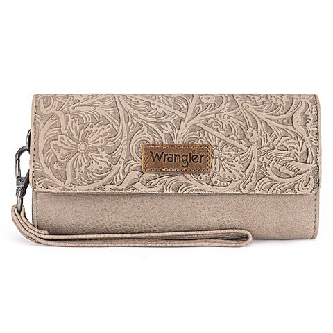 Wrangler Western Floral Tooled Tri-Fold Tan Wallet/Wristlet
