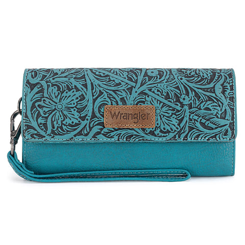 Wrangler Western Floral Tooled Tri-Fold Turquoise Wallet/Wristlet