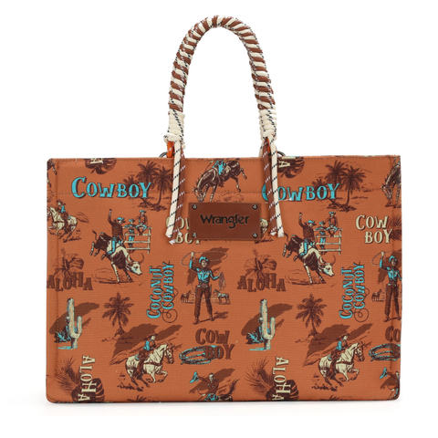 Wrangler COWBOY Dual Sided Print Canvas Wide Tote Brown