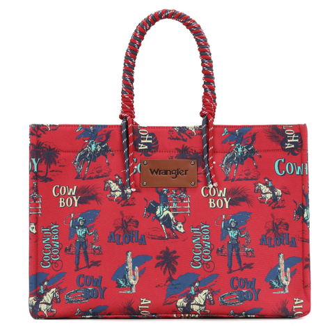 Wrangler COWBOY Dual Sided Print Canvas Wide Tote RED
