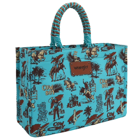Wrangler COWBOY Dual Sided Print Canvas Wide Tote -Turquoise