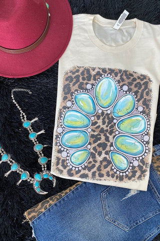 Lucky & Blessed Life Turquoise Stone Leopard Cream T-Shirt