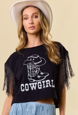 Saints & Hearts Women's Fringe Cowgirl Black T-Shirt