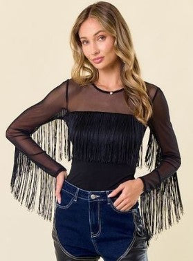 Saints & Hearts Women's Fringe Mesh Black Top