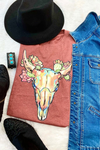 Lucky & Blessed Life Watercolor Steer Head Rust T-Shirt