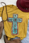 Lucky & Blessed Life Turquoise Cross Mustard T-Shirt