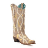 Corral Women's Embroidery Crystals Studs White Golden Boots