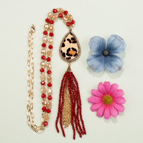 Emma Jewelry Women's Leopard Red Tassel Necklace