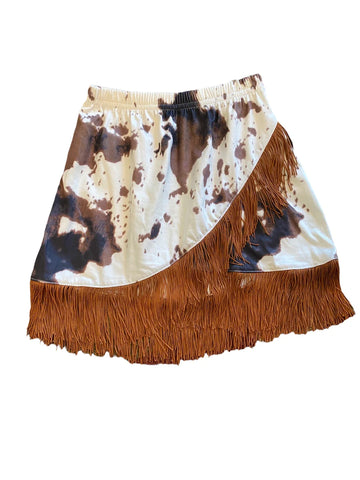 Shea Baby Girl Cowprint Brown Fringe Skirt