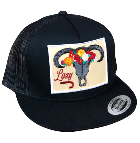 Lazy J Mns 4" Skl & Flwrs Blk Cap BLKBLK4SKULL