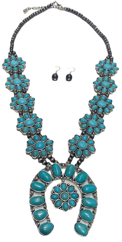 Emma Jewelry Women's Flower Turquoise/Silver Necklace/Earrings Set