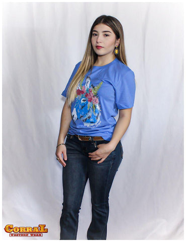 Bohemian Cowgirl Women's Donkey Blue T-Shirt DKBUSS